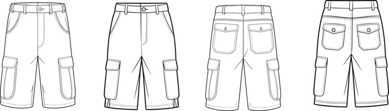 Men cargo shorts collection, multi pocket utility design, knee length casual wear set, front and back garment technical flat sketch &ndash; vector illustration