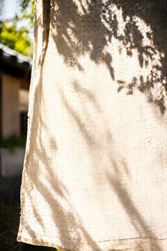 Organic Linen Fabric with Summer Sunlight and Copy Space