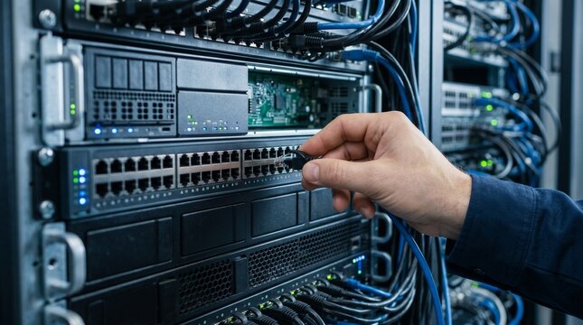 Technician hand connecting ethernet cable to network switch in modern data center server room
