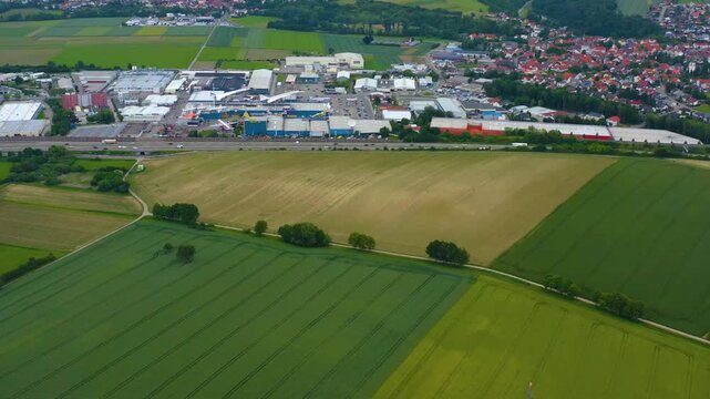  Aerial view beside the city Sinsheim in Germany in Springtime on a cloudy day