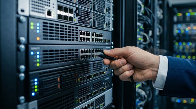 Technician hand plugging Ethernet cable into network switch in server rack data center