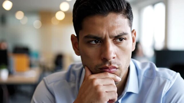 Young businessman thinking seriously in a modern office