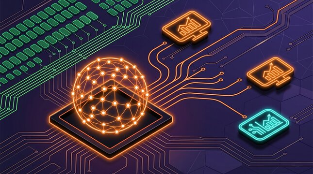 Abstract AI neural network and data circuit with glowing digital interface on futuristic board