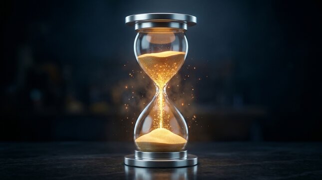 Hourglass with golden sand particles symbolizing time running out, countdown and deadline concept