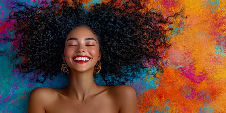Radiant young woman with wide, joyful smile and voluminous curly hair, her eyes closed in bliss against vibrant, abstract backdrop of swirling blues, pinks, and oranges, adorned with ornate golden ear