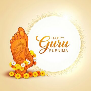 Decorated feet with floral garland during Guru Purnima festival with ornate circular frame