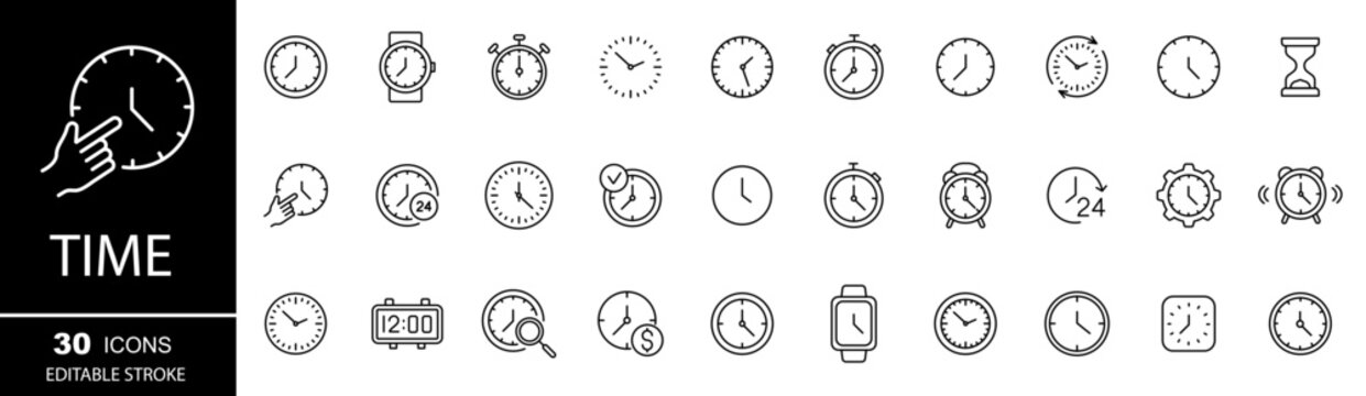 Timer, watch, speed, alarm clock. Clock and Time linear icons set. Calendar icon.  Editable stroke.