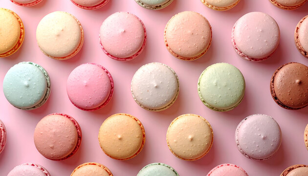 Colorful pastel macarons arranged on pink background in a confectionery pattern