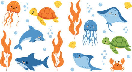 Cute Underwater Sea Animal Vector Set Featuring Dolphin, Shark, Turtle, Jellyfish, Crab and Ocean Elements in Cartoon Style Isolated on White © MstBobita