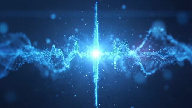 Audio Visualization: Glowing soundwave dots pulsing across abstract digital background

