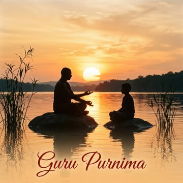 Father and son meditating on rocks in serene lake at sunset with calm water reflections