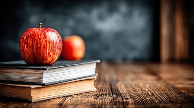 Red apple with faint vertical stripes and brown short stem on two hardcover books, dark fabric and light tan covers, glossy dark brown wood reflection, 