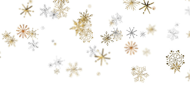 Falling snowflakes illustration with gold and silver glitter on white. Perfect for winter and Chris