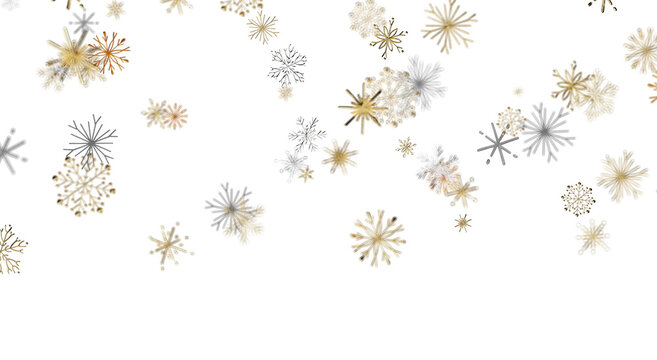 Elegant winter scene with falling golden and silver snowflakes on a white backdrop, perfect for hol