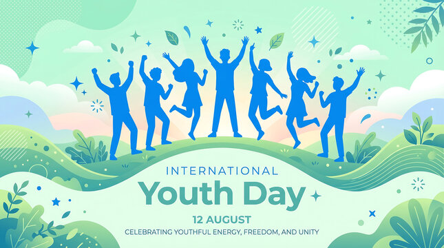 International Youth Day banner celebrating youthful energy, freedom, and unity with joyful silhouettes.