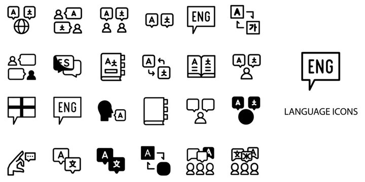 Language simple New concept 24 Black and White color icons set .Vector illustration.