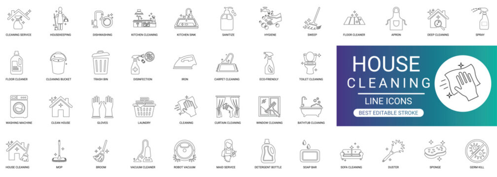 house cleaning line icon set, concierge, maid, laundry, sparkling, home, cleaning, floor, sponge, vacuum cleaner, broom, bottle, editable stroke. vector illustration.