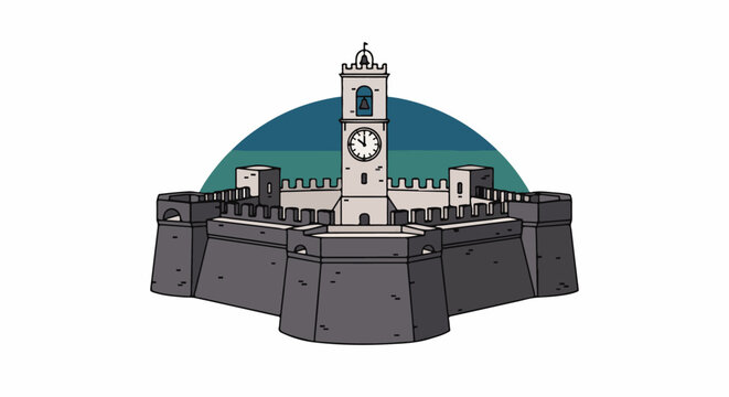 Stone fortress with central clock tower, guarded by battlements and bastions