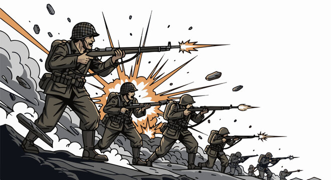 Soldiers advance under fire, firing rifles amidst explosions and smoke