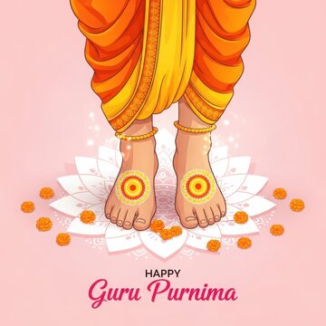 Guru Purnima celebration with decorated feet on lotus and marigold flowers