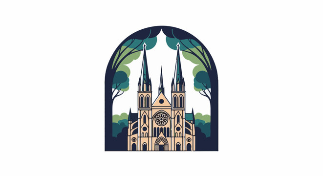Stylized Gothic cathedral with twin spires framed by trees under an arch