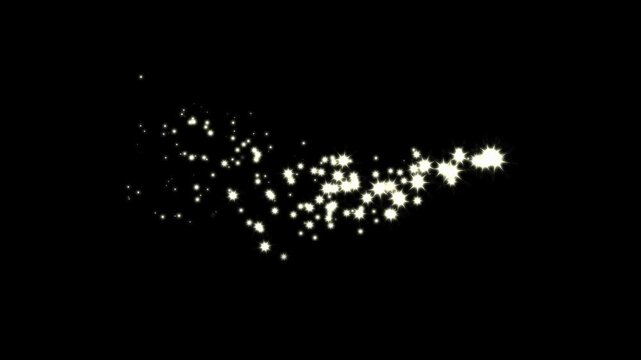 Twinkling star glitter animation in 4K with glowing light trail, smooth fairy dust motion, shiny doodle sparkle burst, elegant shining particles, seamless loop, magical pixie dust path on black screen