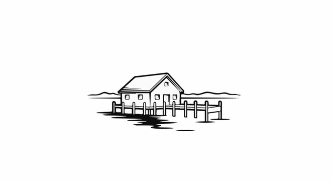Stylized black and white drawing of a stilted house on a pier over water