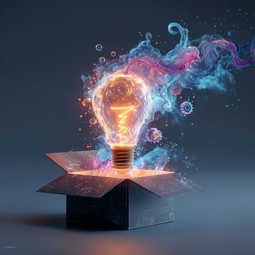 A creative light bulb with colorful smoke emerging from an open box, symbolizing innovative ideas and creativity.