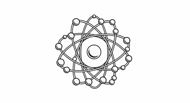 Stylized atom graphic with central nucleus and orbiting electrons