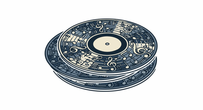 Stacked vinyl records adorned with musical notes in shades of blue and cream