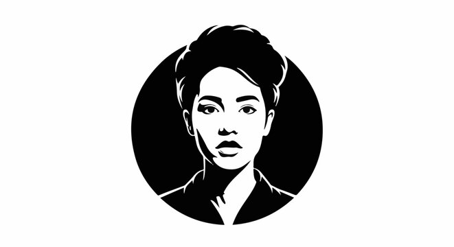 Stylized black and white portrait of a woman's face in a circle