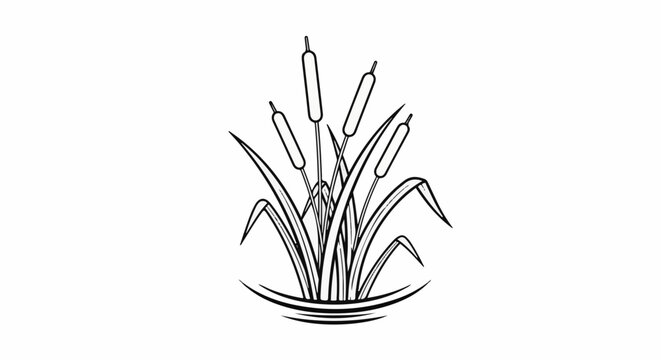 Stylized black and white drawing of cattails emerging from water