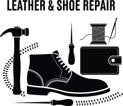 Black and white of shoe repair tools and accessories leather repair 1