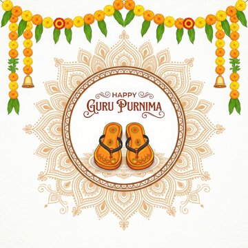 Guru Purnima celebration with traditional Indian footwear and floral decor