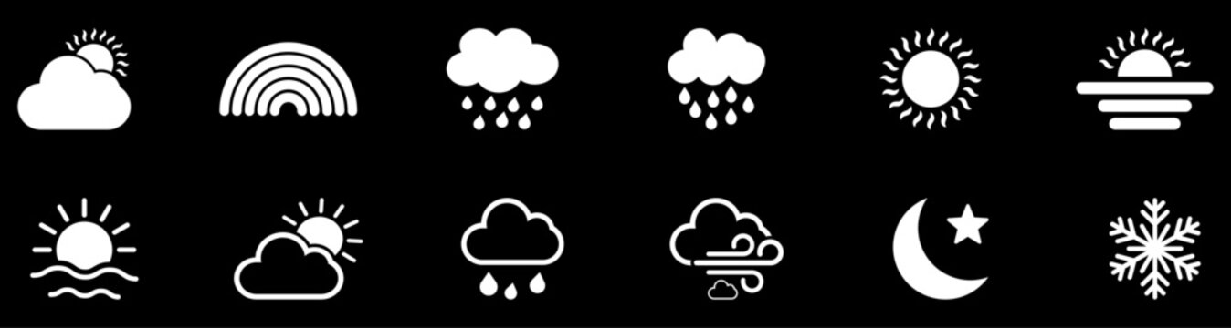 Weather icons set with weather, forecast, cloud, rain, sun, snow, moon, rainbow symbols. Line and solid climate signs for app, ui, map, dashboard, forecast interface collection.