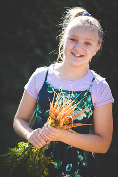 Girl holding freshly harvested carrots in garden