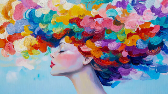 Colorful Mindscape: Serene Woman's Profile with Ethereal Explosion of Bright, Textured Impasto Brushstroke Hair, Symbolizing Creativity and Dreamy Thought