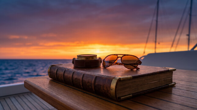 A luxurious still life of a leather-bound logbook, brass compass, and sunglasses on a polished teak yacht deck against a calm ocean sunset.