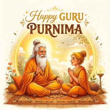 Guru Purnima celebration with wise old man teaching young student in warm sunlight and floral decor