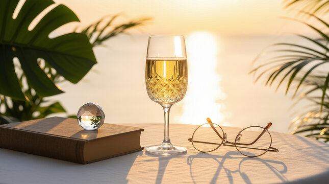 A luxurious golden hour still life on a coastal terrace with a champagne flute, a closed romantic novel, gold-wire reading glasses, and a paperweight on a white linen tablecloth. AI generated.