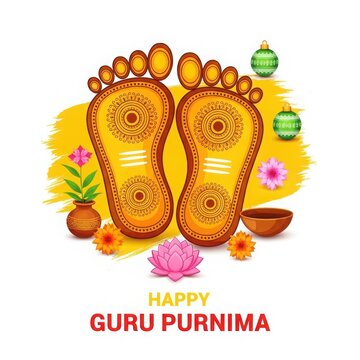 Guru Purnima devotional footprints with floral offerings and festive ornaments