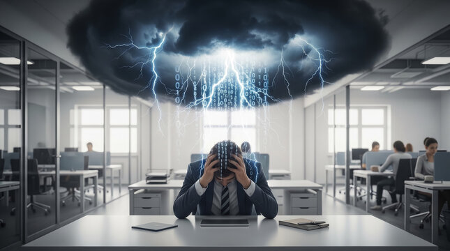 Stressed Office Worker with Binary Code Storm Cloud Above Head