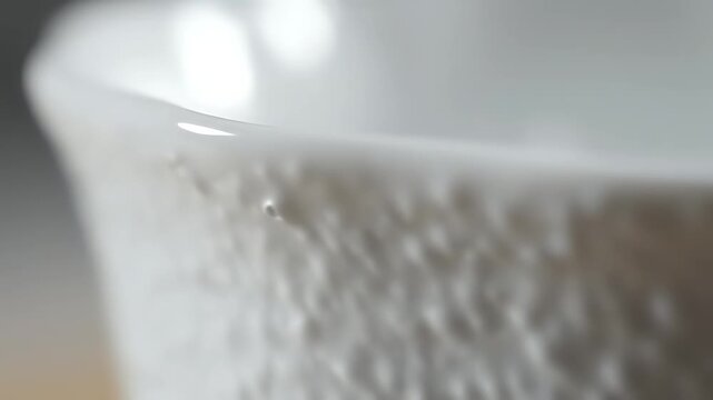 Closeup of a textured ceramic bowl with a water droplet.