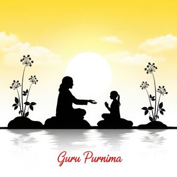 Guru Purnima silhouette of teacher blessing student with flowers and reflection during sunrise