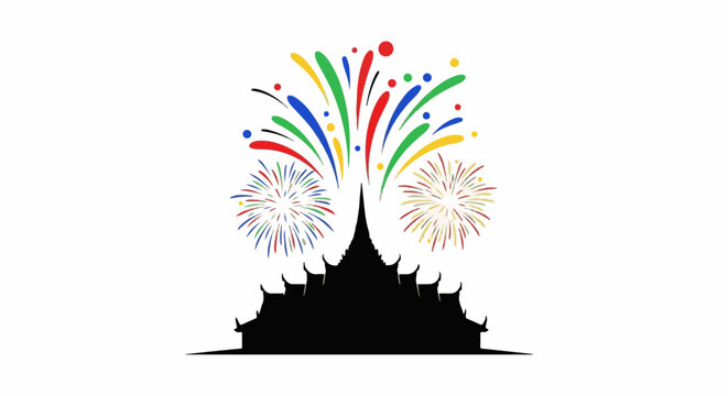 Silhouette of a temple with colorful fireworks exploding above