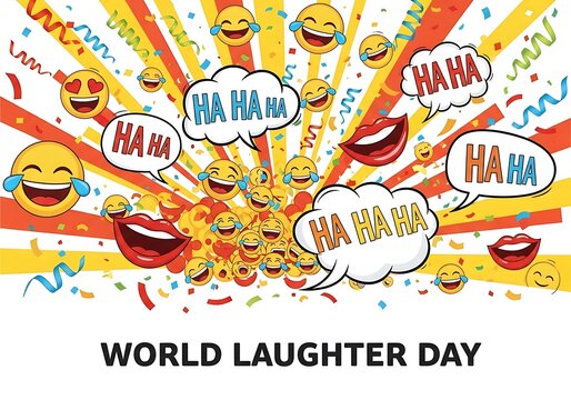 World Laughter Day celebration with happy emojis and colorful confetti