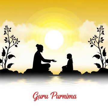 Silhouette of a guru teaching a disciple at sunrise with a golden sky and reflections