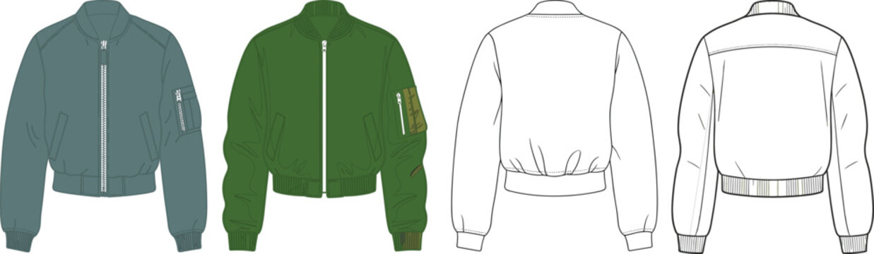 Men&rsquo;s bomber jacket technical drawing set, zip front with ribbed cuffs and hem, front and back views &ndash; vector illustration
