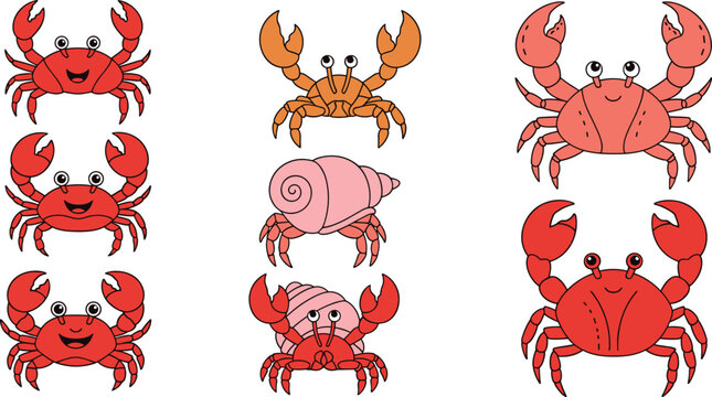 Cute crab characters and hermit crab collection with different poses, cartoon sea animals set, colorful marine vector illustration isolated on white background
