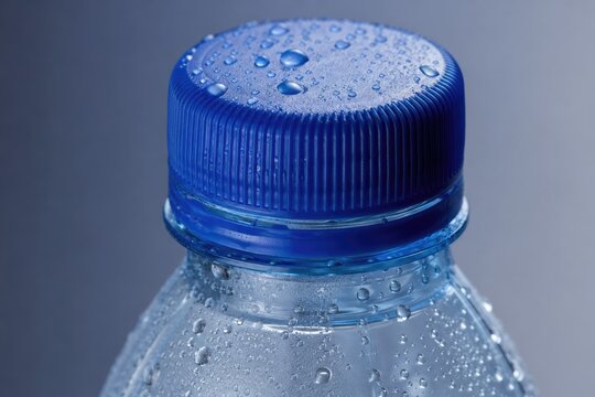 Close-up of fresh water bottle with blue screw cap covered in condensation droplets against neutral gradient background, refreshing hydration concept